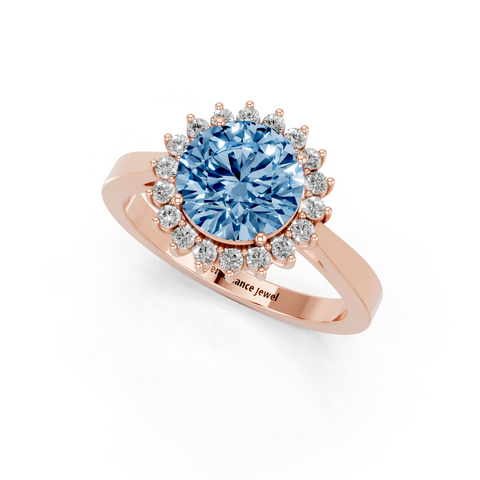 Rose gold Fancy Blue Round  Cut Diamond Halo Ring with Round Brilliant Halo and Solitaire Band
