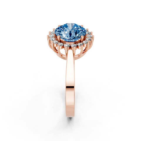 Rose gold Fancy Blue Round  Cut Diamond Halo Ring with Round Brilliant Halo and Solitaire Band