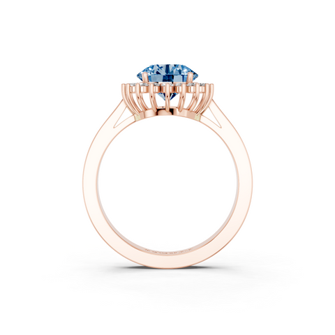 Rose gold Fancy Blue Round  Cut Diamond Halo Ring with Round Brilliant Halo and Solitaire Band