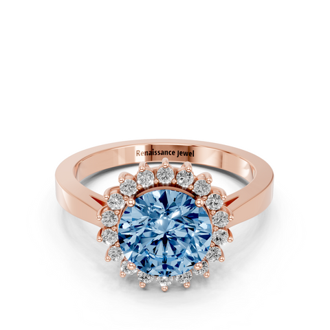Rose gold Fancy Blue Round  Cut Diamond Halo Ring with Round Brilliant Halo and Solitaire Band