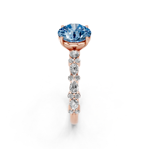 Rose gold Fancy Blue Round  Solitaire with Side Stones, Pave Band, Four-Prong Setting
