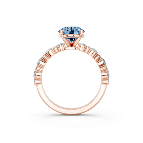 Rose gold Fancy Blue Round  Solitaire with Side Stones, Pave Band, Four-Prong Setting