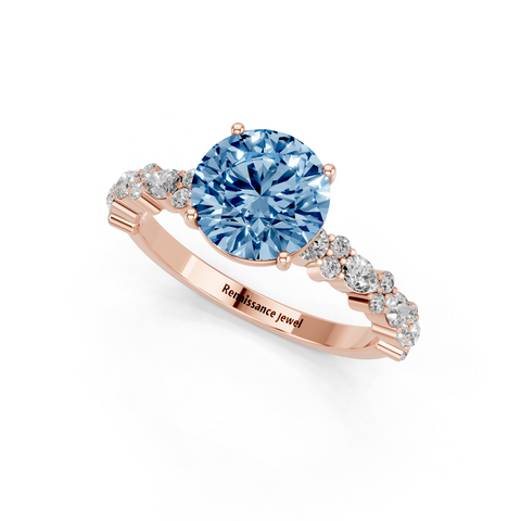 Rose gold Fancy Blue Round  Solitaire with Side Stones, Pave Band, Four-Prong Setting