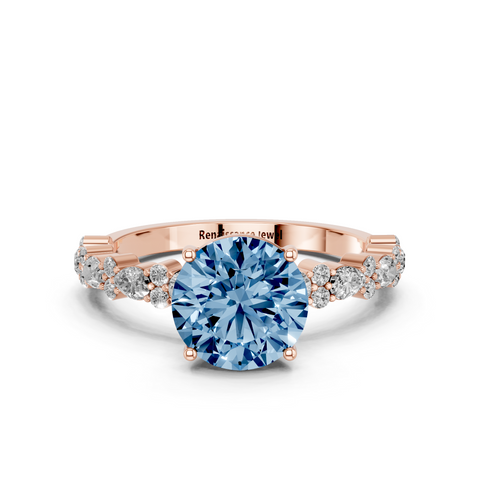 Rose gold Fancy Blue Round  Solitaire with Side Stones, Pave Band, Four-Prong Setting