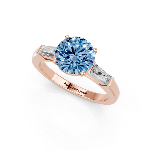 Rose gold Fancy Blue Round  Solitaire with Tapered Baguette Side Stones on a Classic Band with Four-Prong Setting