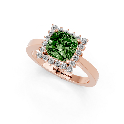 Rose gold Fancy Green Cushion  Cut Diamond Halo Ring with Round Brilliant Halo and Solitaire Band