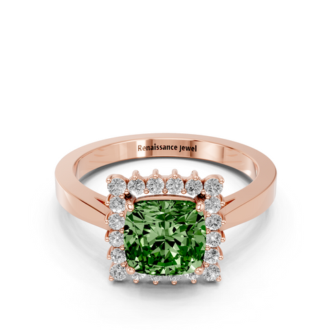 Rose gold Fancy Green Cushion  Cut Diamond Halo Ring with Round Brilliant Halo and Solitaire Band