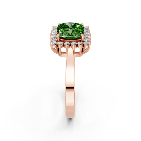 Rose gold Fancy Green Cushion  Cut Diamond Pavé Band Solitaire Ring with Four-Prong Setting