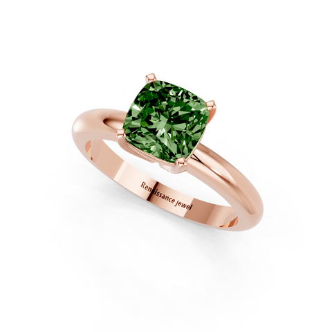 Rose gold Fancy Green Cushion  Cut Solitaire Engagement Ring with Round Band and Four-Prong Setting