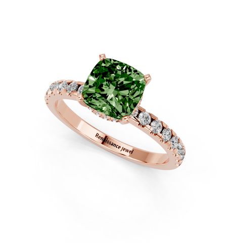 Rose gold Fancy Green Cushion  Solitaire Diamond Pavé Band with Four-Prong Setting