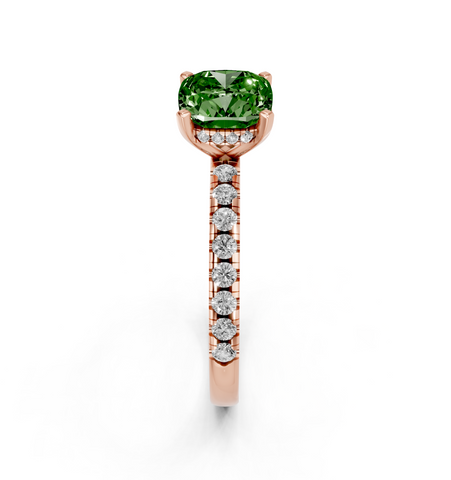 Rose gold Fancy Green Cushion  Solitaire Diamond Pavé Band with Four-Prong Setting
