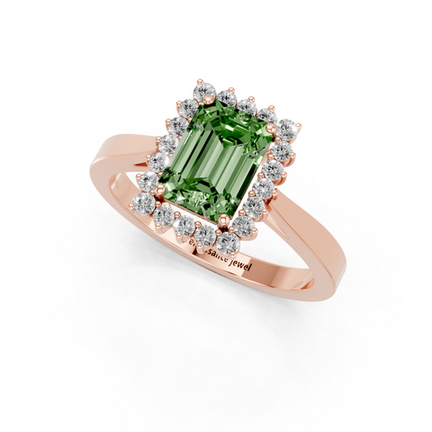 Rose gold Fancy Green Emerald  Cut Diamond Halo Ring with Round Brilliant Halo and Solitaire Band