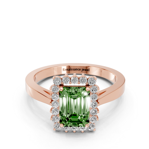 Rose gold Fancy Green Emerald  Cut Diamond Halo Ring with Round Brilliant Halo and Solitaire Band