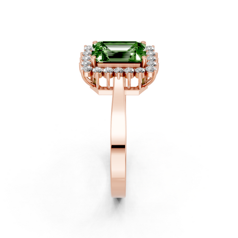Rose gold Fancy Green Emerald  Cut Diamond Pavé Band Solitaire Ring with Four-Prong Setting