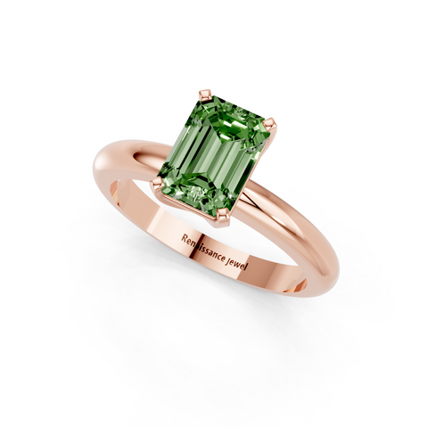 Rose gold Fancy Green Emerald  Cut Solitaire Engagement Ring with Round Band and Four-Prong Setting
