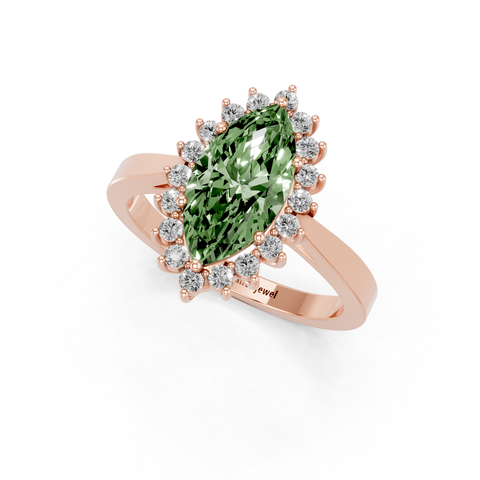 Rose gold Fancy Green Marquise  Cut Diamond Halo Ring with Round Brilliant Halo and Solitaire Band