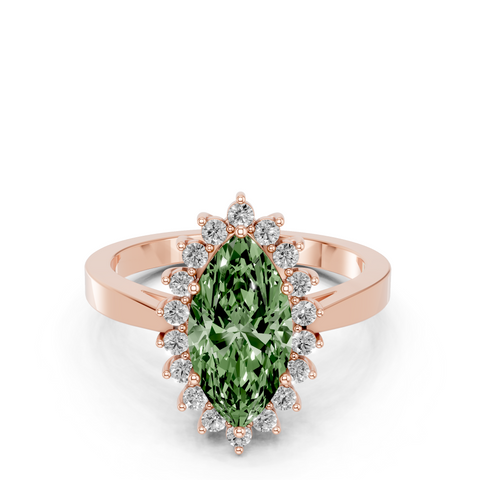 Rose gold Fancy Green Marquise  Cut Diamond Halo Ring with Round Brilliant Halo and Solitaire Band
