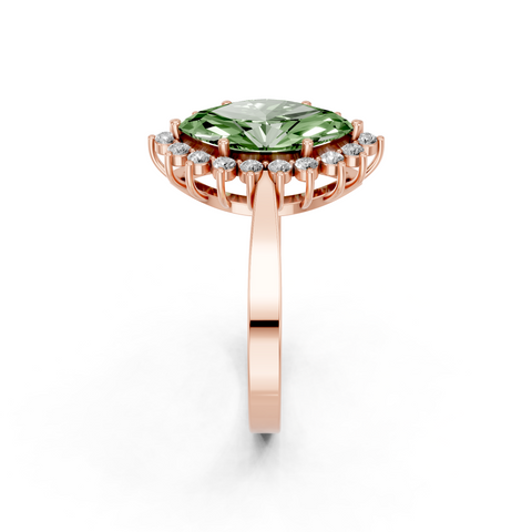 Rose gold Fancy Green Marquise  Cut Diamond Pavé Band Solitaire Ring with Four-Prong Setting