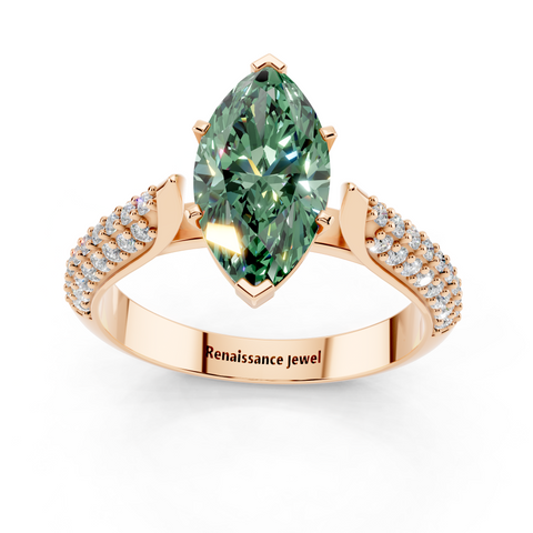 Rose gold Fancy Green Marquise  Solitaire Pavé Diamond Engagement Ring with Four-Prong Setting