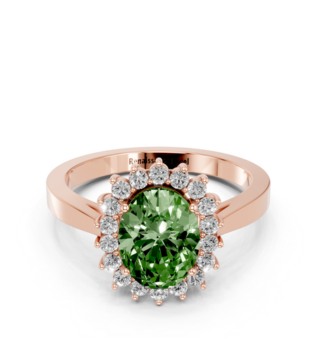 Rose gold Fancy Green Oval  Cut Diamond Halo Ring with Round Brilliant Halo and Solitaire Band