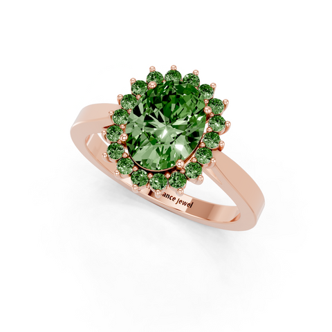 Rose gold Fancy Green Oval  Cut Diamond Pavé Band Solitaire Ring with Four-Prong Setting