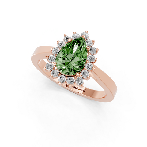 Rose gold Fancy Green Pear  Cut Diamond Halo Ring with Round Brilliant Halo and Solitaire Band