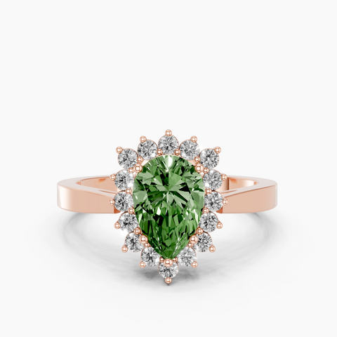 Rose gold Fancy Green Pear  Cut Diamond Halo Ring with Round Brilliant Halo and Solitaire Band
