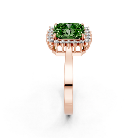 Rose gold Fancy Green Radiant  Cut Diamond Halo Ring with Round Brilliant Halo and Solitaire Band