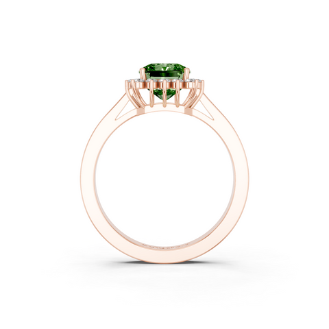 Rose gold Fancy Green Radiant  Cut Diamond Halo Ring with Round Brilliant Halo and Solitaire Band
