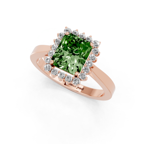 Rose gold Fancy Green Radiant  Cut Diamond Pavé Band Solitaire Ring with Four-Prong Setting