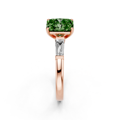 Rose gold Fancy Green Radiant  Solitaire with Tapered Baguette Side Stones on a Classic Band with Four-Prong Setting