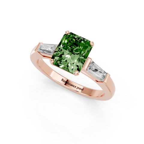 Rose gold Fancy Green Radiant  Solitaire with Tapered Baguette Side Stones on a Classic Band with Four-Prong Setting