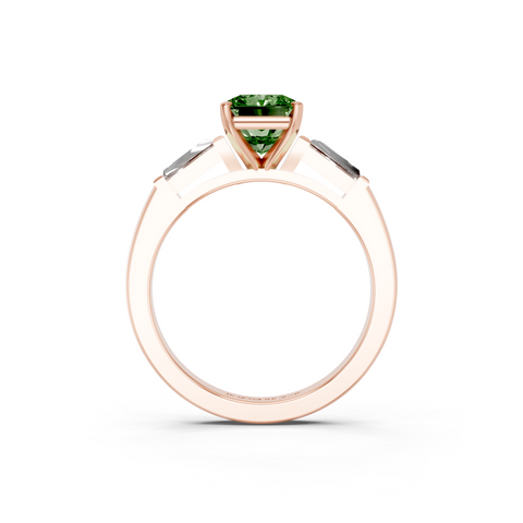 Rose gold Fancy Green Radiant  Solitaire with Tapered Baguette Side Stones on a Classic Band with Four-Prong Setting