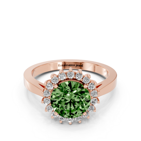 Rose gold Fancy Green Round  Cut Diamond Halo Ring with Round Brilliant Halo and Solitaire Band