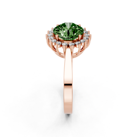 Rose gold Fancy Green Round  Cut Diamond Pavé Band Solitaire Ring with Four-Prong Setting