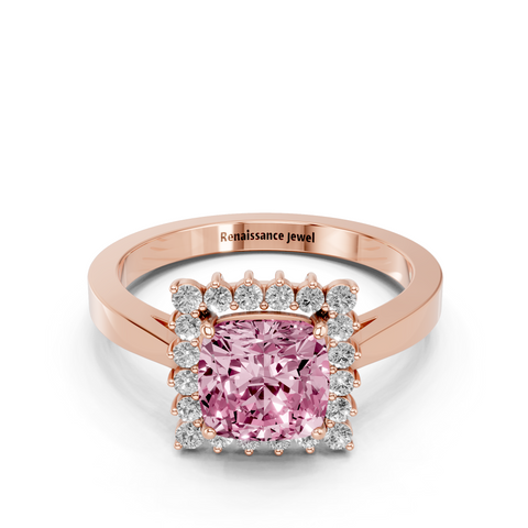 Rose gold Fancy Pink Cushion  Cut Diamond Halo Ring with Round Brilliant Halo and Solitaire Band