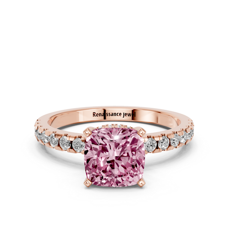 Rose gold Fancy Pink Cushion  Solitaire Diamond Pavé Band with Four-Prong Setting