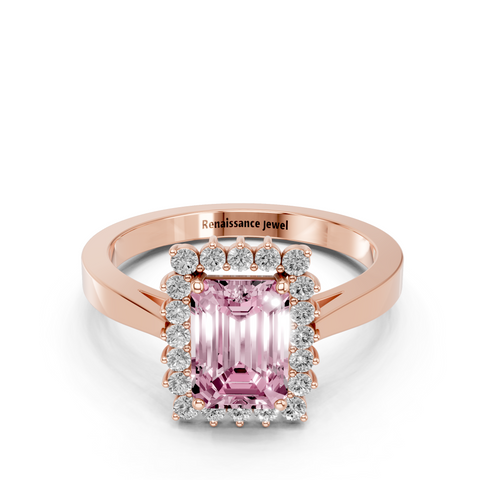 Rose gold Fancy Pink Emerald  Cut Diamond Halo Ring with Round Brilliant Halo and Solitaire Band