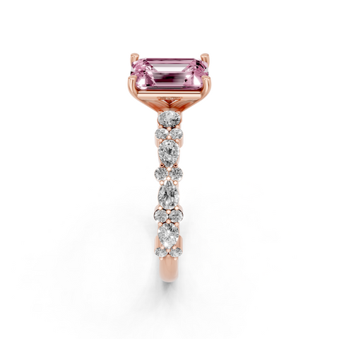 Rose gold Fancy Pink Emerald  Solitaire with Side Stones, Pave Band, Four-Prong Setting