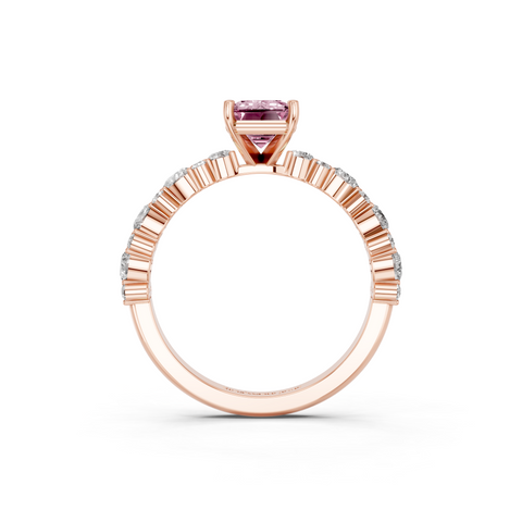 Rose gold Fancy Pink Emerald  Solitaire with Side Stones, Pave Band, Four-Prong Setting