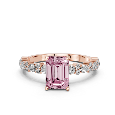 Rose gold Fancy Pink Emerald  Solitaire with Side Stones, Pave Band, Four-Prong Setting