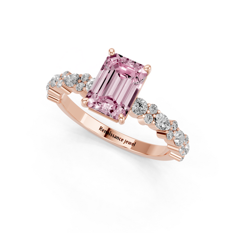 Rose gold Fancy Pink Emerald  Solitaire with Side Stones, Pave Band, Four-Prong Setting