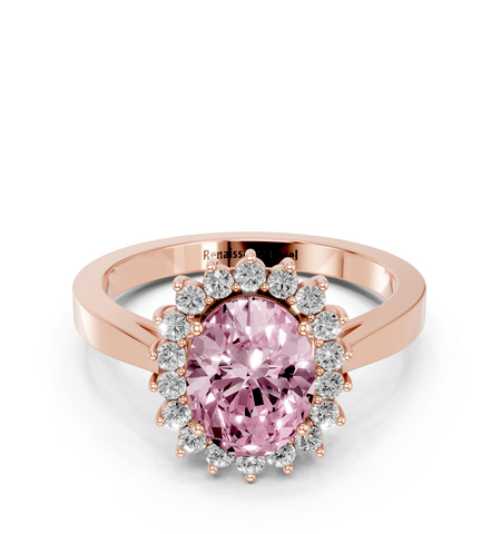 Rose gold Fancy Pink Oval  Cut Diamond Halo Ring with Round Brilliant Halo and Solitaire Band
