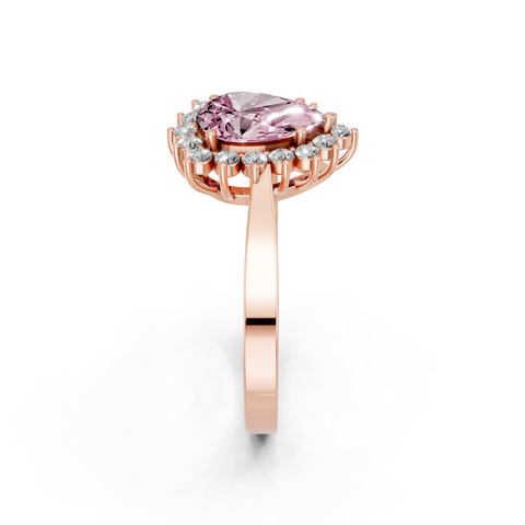 Rose gold Fancy Pink Pear  Cut Diamond Halo Ring with Round Brilliant Halo and Solitaire Band
