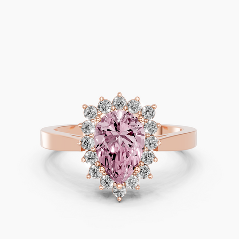 Rose gold Fancy Pink Pear  Cut Diamond Halo Ring with Round Brilliant Halo and Solitaire Band