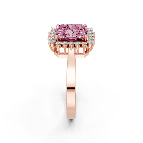 Rose gold Fancy Pink Radiant  Cut Diamond Halo Ring with Round Brilliant Halo and Solitaire Band