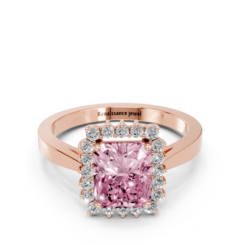 Rose gold Fancy Pink Radiant  Cut Diamond Halo Ring with Round Brilliant Halo and Solitaire Band