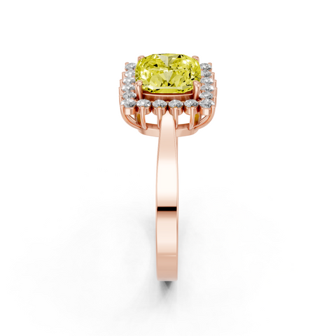 Rose gold Fancy Yellow Cushion  Cut Diamond Halo Ring with Round Brilliant Halo and Solitaire Band