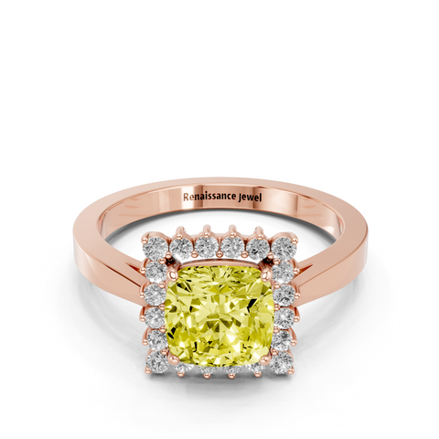 Rose gold Fancy Yellow Cushion  Cut Diamond Halo Ring with Round Brilliant Halo and Solitaire Band