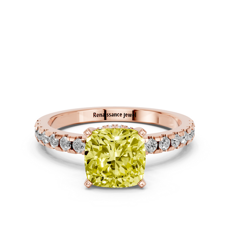 Rose gold Fancy Yellow Cushion  Solitaire Diamond Pavé Band with Four-Prong Setting